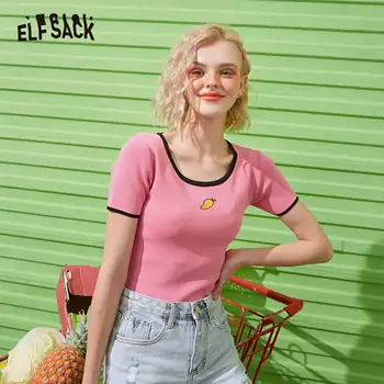 ELFSACK Multicolor Cietā Minimālisma Gadījuma T-Krekls Sievietēm Crop Topi 2020. Gada Vasaras ELF Tīra korejas Dāmas Pamata Ikdienas Slim Tee