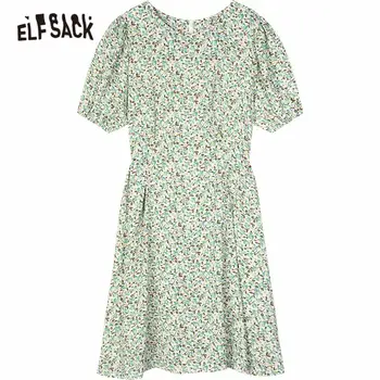 ELFSACK Violeta Daisy Ziedu Drukāt Atpakaļ Loku Gadījuma Vintage Kleitas, Sieviešu 2020. Gada Vasaras ELF Zaļā korejas Gilry Šifona Svētku Kleita