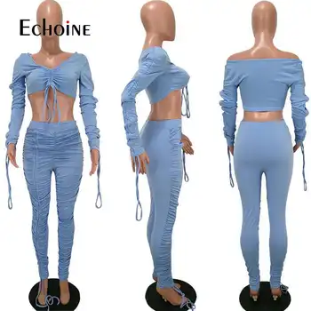 Echoine Rudens Sievietes Cieta Sexy Divas Gabals, kas Lady v-veida kakla Mežģīnes-up Kultūru Topi, Augsts Viduklis, Šauri Kroku Kaudzē Bikses Clubwear Komplekts