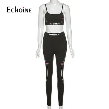 Echoine vēstuli izdrukāt tracksuit sieviešu fitnesa gadījuma divas gabals, kas sportisks bez piedurknēm tvertnes augšpusē+svītrainas zeķes modes Personu valkāt