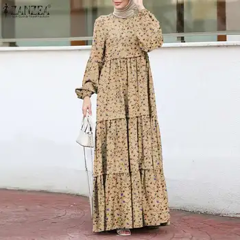 Eleganta Drukas Savirmot Kleita Sieviešu Musulmaņu Sundress ZANZEA Gadījuma Puff Piedurknēm Maxi Vesitdos Sieviešu Kārtojumu Iespiesti Drēbes Plus Izmēra