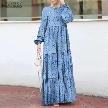 Eleganta Drukas Savirmot Kleita Sieviešu Musulmaņu Sundress ZANZEA Gadījuma Puff Piedurknēm Maxi Vesitdos Sieviešu Kārtojumu Iespiesti Drēbes Plus Izmēra