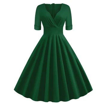 Elegants Birojs Lady Līnijas Kleita Zaļā Sexy V Kakla Īsām Piedurknēm Retro Rockabilly Šūpoles Kleitu Elegants Sieviešu Kokvilnas Vintage Kleita