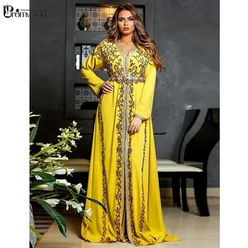 Elegants Dzeltenu Kristāla Marokas Caftan Musulmaņu Vakara Kleita Zelta Izšuvumu-Line Garām Piedurknēm Dubai Oficiāli Vakarkleita 2020