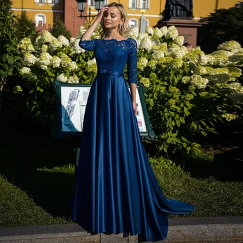 Elegants Royal Blue Mežģīnes Māte Līgava Kleita Liekšķere Kakla Trīs Ceturtdaļu Piedurknēm Bow Josta Satīna-line Māte Kleitas