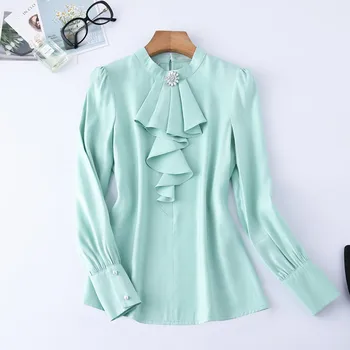 Elegants Ruffles Krekls Sievietēm 2019 Jauna Rudens Gaiši Zaļā Krāsā Ar Garām Piedurknēm Stāv Apkakle Blūzes Biroja Dāmas Oficiāli Brīvs Darba Virsmām