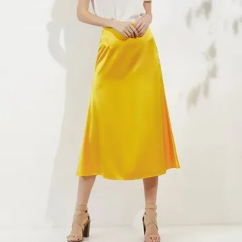 Elegants Zīda Satīna Svārki Sievietēm Vintage Stila Vasaras Augsta Vidukļa Midi Svārki Modes-Line Svārki