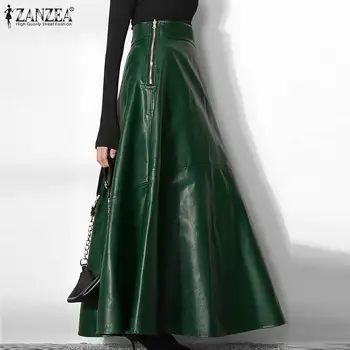Elegants sieviešu OLA Cietā Svārki ZANZEA Biroja Dāma Rāvējslēdzēju Ilgi Svārki Elegants Puse Līnijas Apakšā Modes PU Ādas Svārki Oversize