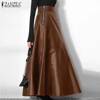 Elegants sieviešu OLA Cietā Svārki ZANZEA Biroja Dāma Rāvējslēdzēju Ilgi Svārki Elegants Puse Līnijas Apakšā Modes PU Ādas Svārki Oversize