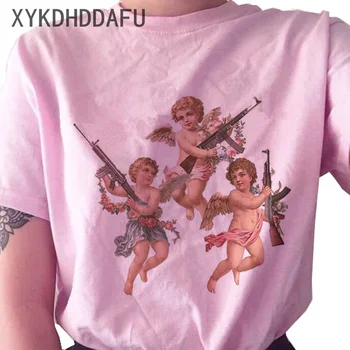 Eņģelis T Krekls Sievietēm Rozā Estētisko Ulzzang O-veida Kakla Top Tee Vintage Smieklīgi Modes Tshirt Sieviešu Ikdienas 90s Vasarā Jauns T-krekls