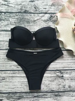 FALLINDOLL 2019 peldkostīmi Sieviešu Brazīlijas Bikini Push Up Black Vintage vadu polsterēts Bikini sexy Sieviete maillot de bain femme