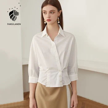 FANSILANEN Asymetrical gadījuma balts kokvilnas krekls, blūze Sievietēm franču vintage birojs dāmu blūze top Sieviete rudens ziemas krekls