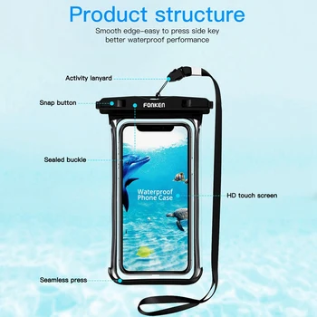 FONKEN Pilnu Skatu, Ūdensizturīgs Gadījumā Telefona Zemūdens Sniega Rainforest Pārredzamu Sauss Soma Peldēšana Kabata, Liels Mobilo Telefonu Vāciņus