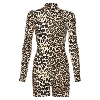 FORERUN Leopard Playsuit garām Piedurknēm augstu uzrullētu apkakli Īss Jumpsuit Sieviešu Modes Streetwear Rudens Ziemas Kombinezonus (Dungriņi) Mujer