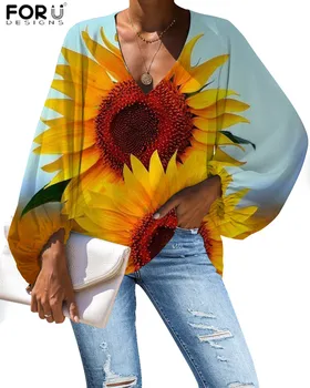 FORUDESIGNS Liela Izmēra Šifona Apģērbu Saulespuķu Drukāšanas 2019 Gadījuma Brīvs Krekls ar garām Piedurknēm, Sieviešu V Kakla Sexy Topi Džemperi