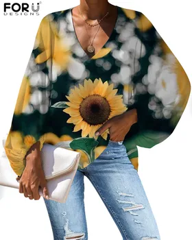 FORUDESIGNS Liela Izmēra Šifona Apģērbu Saulespuķu Drukāšanas 2019 Gadījuma Brīvs Krekls ar garām Piedurknēm, Sieviešu V Kakla Sexy Topi Džemperi