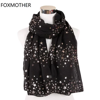 FOXMOTHER Jaunu Modes Melni Pelēka Rozā Krāsu Folijas Zelta Zvaigzne Šalle Sievietēm Aplauzt Hijab Šalles Dāmas Bufanda