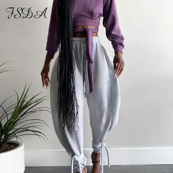 FSDA 2020. gadam, Pelēka Sieviešu Augstās Jostasvietas Bikses Pārsējs Zaudēt Plaša Kāju Bikšu Rudens Streetwear Modes Joggings Ikdienas īsās Treniņbikses