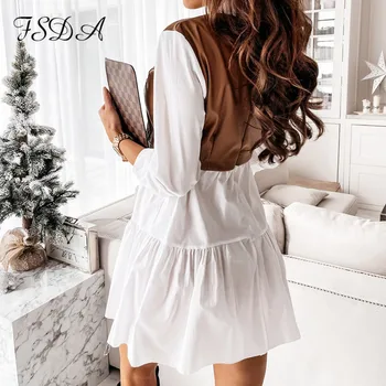 FSDA PU Ādas Pleķīšus Gadījuma Kleita Krekls Sievietēm ar garām Piedurknēm Rudens Ziemas Līnija Mini Sexy Puse Melnas Kleitas Modes 2021