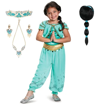 Fancy Aladdin Jasmīns Cosplay Jumpsuit Meitenes Halloween Princess Puse Saģērbt Apģērba Komplekts Bērniem Anime Kostīmu Jasmīns Top Bikses