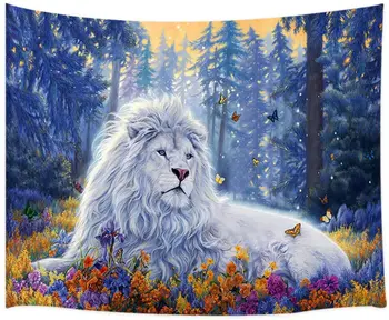 Fantāziju Dekori Gobelēns Lion Safari Tēmu Mystic Zilo Mežu ar Ziediem un Baltu Savvaļas Dzīvnieku Sienas Karājas