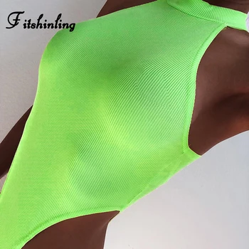 Fitshinling Karstā pārdošanas fluorescences zaļā bodysuits steetwear 2019 vasaras piedurknēm sexy hot teddy fitnesa cietā bodysuit sievietēm