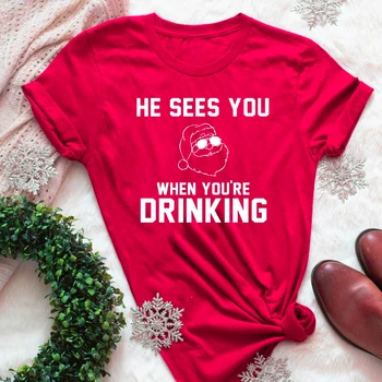 Funny Ziemassvētku Puse Glāzes Krekls Viņš Redz, ka jums, Kad Jūs Dzert Alu un Vīnu Santa grafiskais T-Krekls estētisko tee top - K416