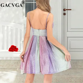 GACVGA Spīguļi, Varavīksne Vasaras Kleita Gadījuma Sievietes Spageti Siksnas Vintage Elegants-Line Kleitas Sexy Puse Kleita Vestidos