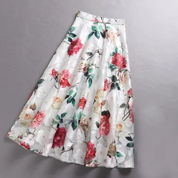 GALCAUR Vintage Iespiests Ziedu Midi Svārki sievietēm ar Augstu Vidukļa Kroku Svārki Sieviešu Modes Apģērbu Lielo Izmēru 2020. Gada Rudenī Jūra