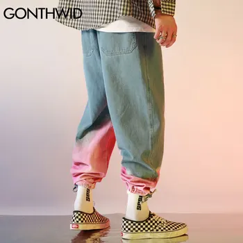 GONTHWID Tie Krāsošanas Krāsu Bloku Joggers Harēma Kravas Džinsa Džinsi Streetwear Mens Hip Hop Harajuku Gadījuma Baggy Džinsa Bikses Bikses