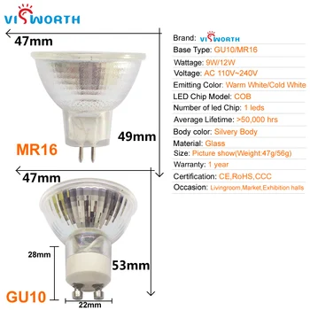 GU10 Led Lampas 9W 12W Led Prožektoru gaismā, Mr16 COB LED Lampada AC 110V, 220V 240V 30 grādu Bombillas LED Lampas Uzmanības centrā