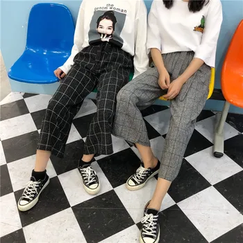 Gadījuma Pleds Taisni Elastīga, Augsta Vidukļa Biksēm Plaša Kāju Bikses Sievietēm Joggers Harajuku Stils Baggy korejas Sieviešu Bikses Jaunas