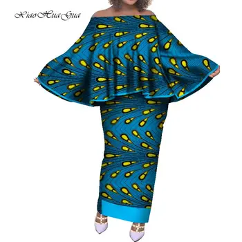 Gadījuma Āfrikas Drēbes Sievietēm Slash Kakla Bat Piedurknēm Blūze un Gari Svārki Āfrikas Drukāt Tērpiem Bazin Riche Tērpi Uzstādīt WY7893