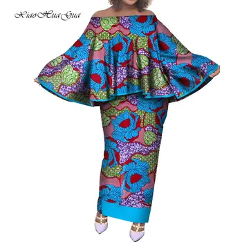 Gadījuma Āfrikas Drēbes Sievietēm Slash Kakla Bat Piedurknēm Blūze un Gari Svārki Āfrikas Drukāt Tērpiem Bazin Riche Tērpi Uzstādīt WY7893