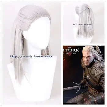 Geralt Parūka No Witcher Sudraba Balta Šķēle Atpakaļ Veidoti Sintētisko Matu Cosplay Kostīmu Parūkas + Parūka Klp