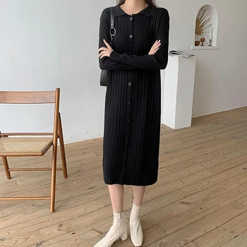 Gkfnmt Sievietes Cieta Silts Vērtnes Trikotāžas Kleita ar garām Piedurknēm Midi Kleita Rudens Šiks Streetwear Cietā Jostas Dāmas Darba Kleita 2020