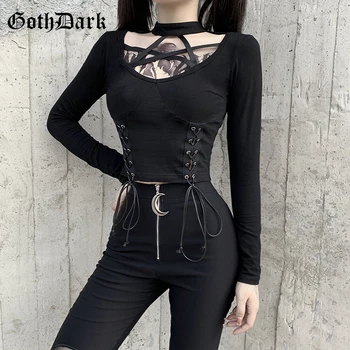Goth Tumši Pārsējs Dobi, kas Priekšā Gotu T-krekli Black Grunge Raibs Bodycon T-krekls Sievietēm ar garām Piedurknēm Streetwear 2020
