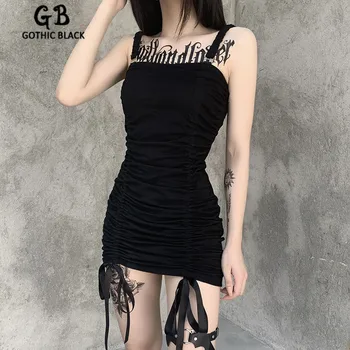 Gothblack Sieviešu Slim Ruched Spageti Siksnas Aukliņu Mini Kleita Sievietēm Gothic Modes Vienkrāsainu Backless Vasaras Ikdienas Kleita