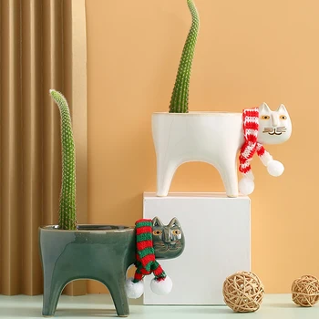 Gudrs kaķis darbvirsmas Imitācija veco mazo puķu pods Smieklīgi kaķi Darbvirsmas Mākslas Apdare Kaktuss Augu Podi