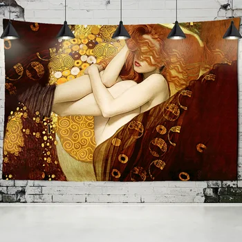 Gustava Klimta Eļļas Glezna Gobelēns Wall Hanging Skūpsts Zelta Abstraktās Mākslas Apdare Poliestera Segu Jogas Paklājiņš Mājas Guļamistaba Māksla
