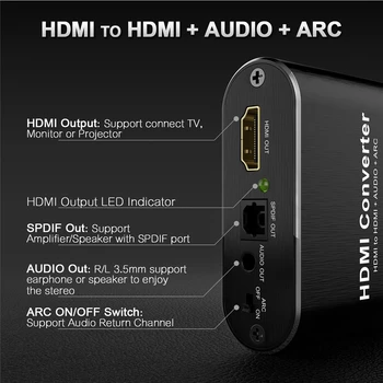 HDMI 2.0 audio extractor 5.1 LOKA 4K 60Hz HD HDMI audio Converter Neatkarīgas izejas stereo, Optiskā SPDIF TOSLINK par PS4 Skaļrunis