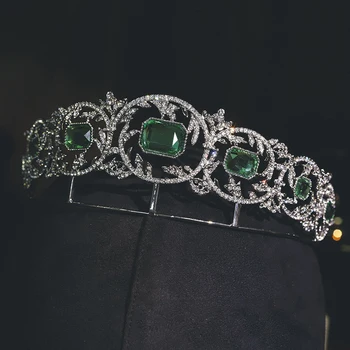 HIMSTORY Eleganci Retro Eiropas Matu Tiara Crown Princess Zaļā Kristāla Royal Puse Līgavas Matu Jewelries