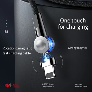 HOCO 180 Grādu Grozāms Magnētisko Kabeļu 3A Ātra Uzlāde, Micro USB C Tipa Kabeli LED Vadu iPhone 11Pro Samsung Xiaomi Huawei