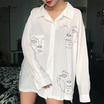 Harajuku Sieviešu Blūze Ar Garām Piedurknēm Krekls Sievietēm, Topi Sejas Drukāšanas Zaudēt Lielo Izmēru Vasarā, Rudenī Gadījuma Dāmas Streetwear