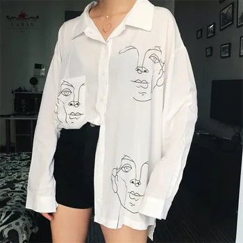 Harajuku Sieviešu Blūze Ar Garām Piedurknēm Krekls Sievietēm, Topi Sejas Drukāšanas Zaudēt Lielo Izmēru Vasarā, Rudenī Gadījuma Dāmas Streetwear