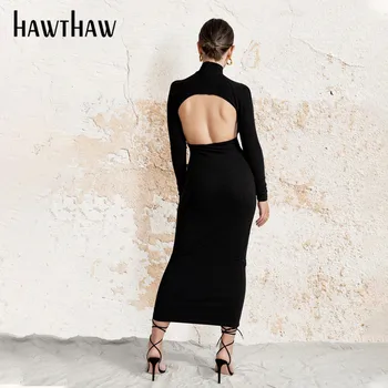 Hawthaw Sieviešu Rudens Dobi No Backeless Garām Piedurknēm Soild Krāsu Bodycon O Kakla Kleita 2020. Gadam Ietilpst Apģērbu Elegants Streetwear