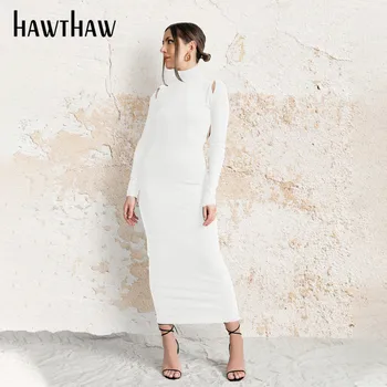 Hawthaw Sieviešu Rudens Dobi No Backeless Garām Piedurknēm Soild Krāsu Bodycon O Kakla Kleita 2020. Gadam Ietilpst Apģērbu Elegants Streetwear