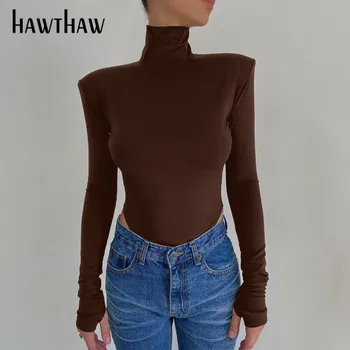 Hawthaw Sieviešu Rudens Garām Piedurknēm Backless Soild Krāsu Augstu Uzrullētu Apkakli Slim Bodycon Bodysuit Playsuit 2020. Gadam Ietilpst Apģērbu Streetwear