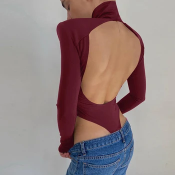 Hawthaw Sieviešu Rudens Garām Piedurknēm Backless Soild Krāsu Augstu Uzrullētu Apkakli Slim Bodycon Bodysuit Playsuit 2020. Gadam Ietilpst Apģērbu Streetwear