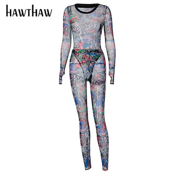 Hawthaw Sieviešu Rudens Ziemas Garām Piedurknēm Drukāts Redzēt Caur Sietu Bodysuit Garas Bikses Divas Gabals Komplekti 2020. Gadam Ietilpst Apģērbu Streetwear